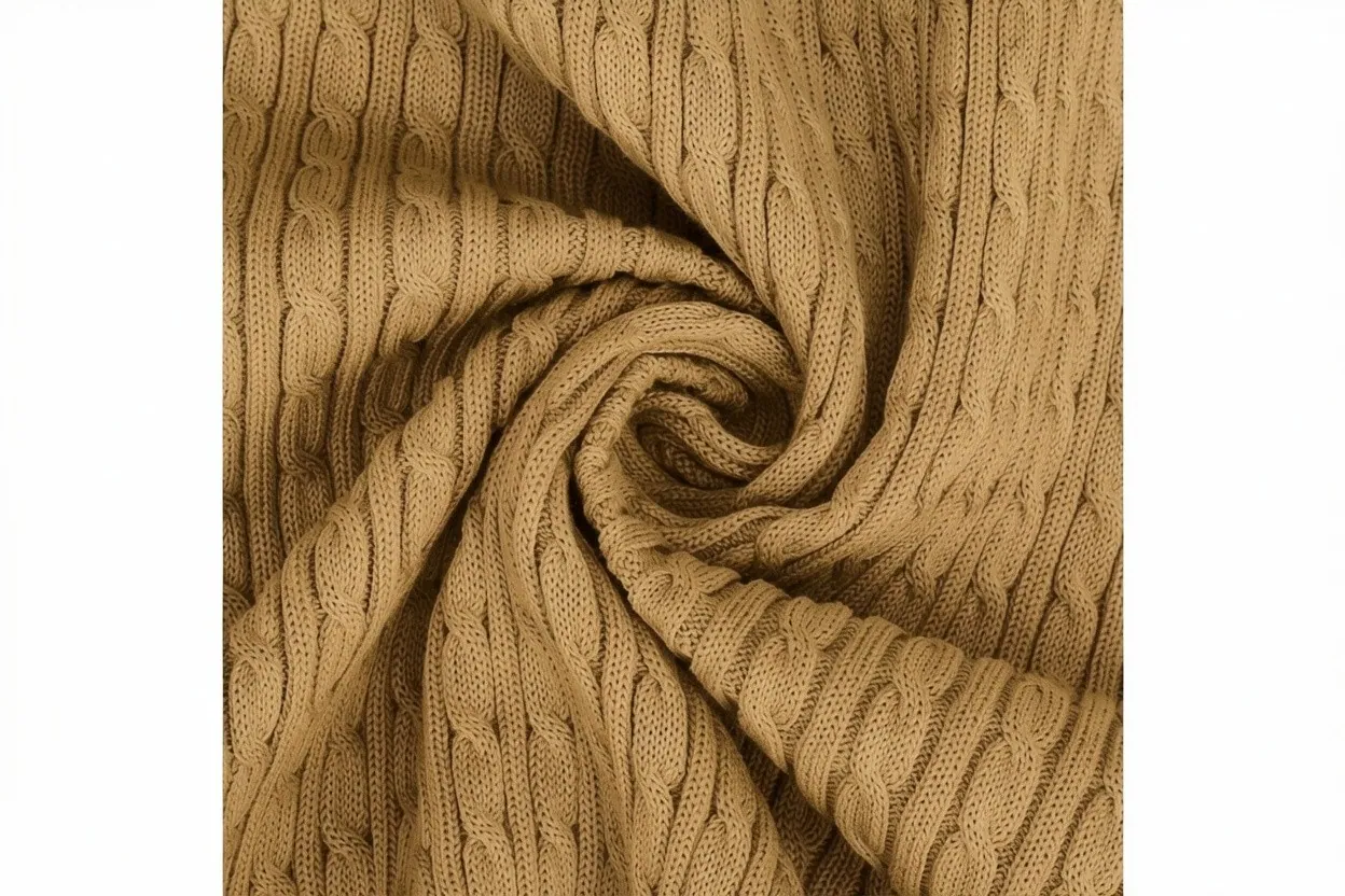 Cable knit fabric in warm camel cotton with twisted rope-like braided texture, manufactured at Apex Corporation knitwear factory in Karachi Pakistan